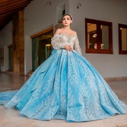 Luxe bleu ciel hors de l'épaule Quinceanera Appliques dentelle perles 2024 robe de bal longueur de plancher balayage Train à lacets robe de mariée