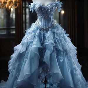 Vestidos de quinceañera de princesa azul cielo de lujo, tul de cristal con flores y hombros descubiertos, borlas, fiesta de cumpleaños, 16 vestidos dulces con cordones, 2024