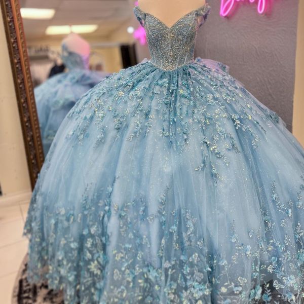 Luxury Sky Blue Sexy en V princesa Princesa Quinceanera Vestidos Beading Appliques Vestido de fiesta de flores Tulle Elegente Vestido dulce de 15 16 Anos