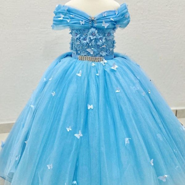 Vestido de lujo azul cielo brillante para niñas con flores para boda, apliques de lazo, vestidos de bola de cristal, vestido bonito para niños, vestidos para ninas