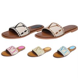 Diapositivas de lujo para mujer Bordado de diseñador Zapatillas deslizantes Mujeres Carta Moda Sandalias de verano Playa Mujer Flip Flop Zapatilla Vacaciones Tacón bajo Sandalia plana Zapatos