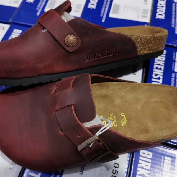 Pantoufles de luxe Designer Birkinstocks Sandales Boken Cowhide Boston Baotou Brown Sanded Leather Chaussures pour hommes et femmes Boken Cork Sandales