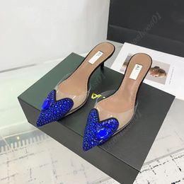 Designer Luxury High Heel Slippers Classic Crystal Diamond Shining High Talon Slippers Pointed Heart Dress Chaussures Transparentes femmes Fashion Party Shoes