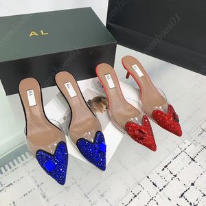 Luxe slippers hoge hak slippers klassiek kristal glanzende hoge hak schoenen puntige hartkleding schoenen transparante diamant dames mode feestschoenen rood