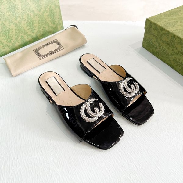 Pantoufles de luxe talons bas marque sandales d'été en cuir verni cuir zircon logo mode femme noir sexy double boucle cristal blanc marron
