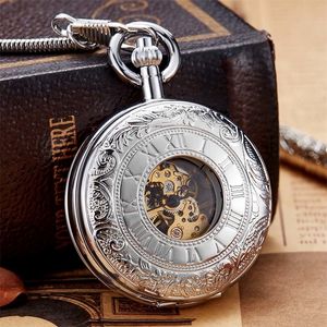 Luxe Sliver Kleur Mechanische Pocket Horloge Mannen Damesklok Skelet Versouder Dial Gold Antique Flip Case Copper FOB Kettinghorloges T200502