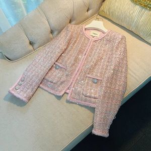 Luxe petit parfum vestes manteaux femme automne hiver Style français paillettes courtes Tweed rose veste Oneck femmes haut 240226