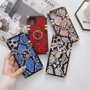 Luxe Snakeskin Vierkante Ring Houder Telefoon Case Voor Iphone 14 Pro Max 13 12 11 Snake Patroon Python Print Kickstand Cover Shcokproof Anti Drop 1PCS