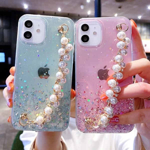 Luxury Soft Pearl Bracelet Case para iPhone 11 12 13 14 Pro Max XS X XR 7 8 m￡s Mini Mini SE Casas de cajas de choque de chanclos