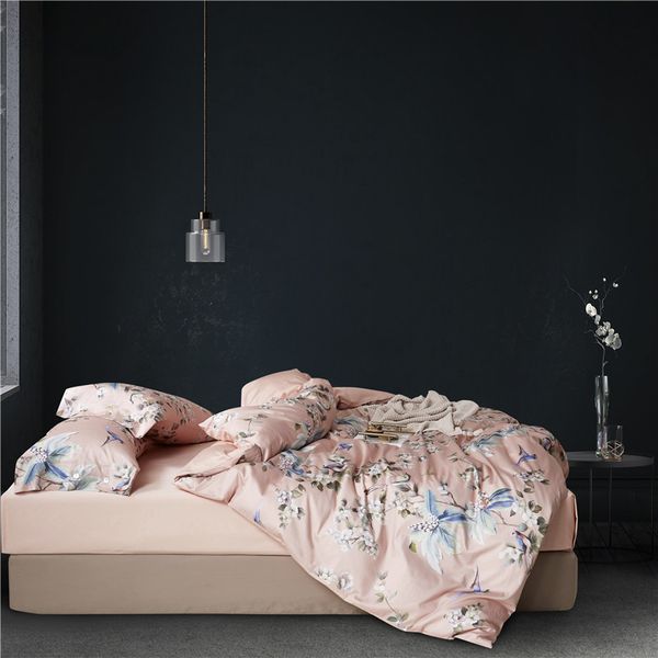 Conjunto de ropa de cama de algodón egipcio más suave de lujo Flores Birds Ramas Impreso Edredón Cubierta Conjunto Hoja de cama Funda de cama Reina King Tamaño T200706