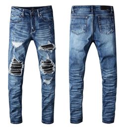 Роскошные однотонные классические мужские джинсы, дизайнерские модные кожаные байкерские рваные джинсы, потертые брюки, топ в полоску под зебру q2769