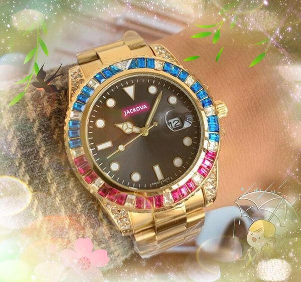 Montres de luxe en acier inoxydable fin et solide 41mm étoilé coloré arc-en-ciel diamants anneau horloge mouvement à quartz hommes nobles et élégants montres-bracelets en édition limitée