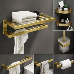 Luxe ruimte aluminium badkamer accessoires set gouden geborstelde handdoekplank nieuwe mantel papieren rek toilethouder metaal T200425