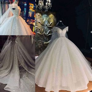 Luxe lovertjes glitter baljurk trouwjurken voor bruid sexy van de schouder Dubai Arabische prinses bruidsjurken vintage plus size ballgown vestidos al7973