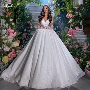 Luxe sprankelende kanten pure pure ball jurk trouwjurk delicate kralen parels borduurwerk volle mouwen bruidsjurken nieuwe aankomst