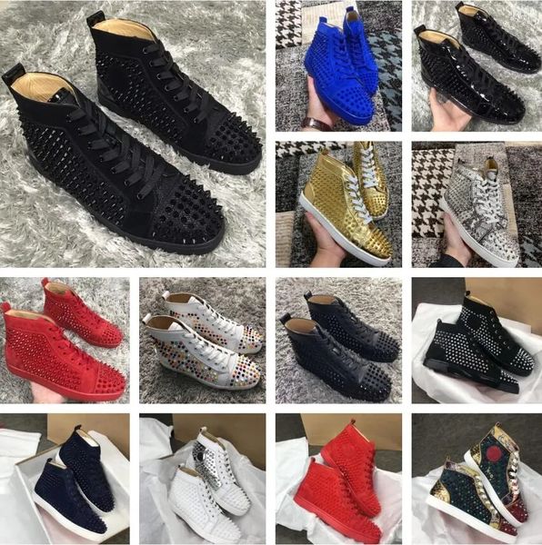 Luxe Spikes Sneakers Rouge Designer Chaussures High Top Skateboard Marche Colorful Cuir Goujons Perles Graffiti Hommes Femmes Casual Chaussure Couple Confort Marche