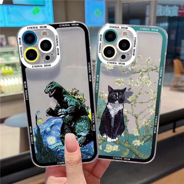 Luxe Parodie Van Gogh Peinture Clair Téléphone Cas Pour Coque iphone X XR XS 11 12 14 13 Pro Max 7 8 Plus SE2 Cas Art Téléphone Couvre