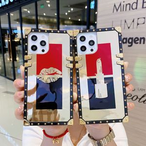 Luxe vierkante telefoonhoesjes voor iPhone 13 12 11 PRO MAX XR XS X 8 7 Mirror Lipstick Style Metal Protection Houder Cover