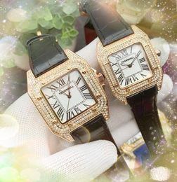 Lujo cuadrado romano dial relojes de cuarzo hombres y mujeres parejas diamantes anillo caja cinturón de cuero genuino super brillante moda popular pulsera de oro reloj de mujer