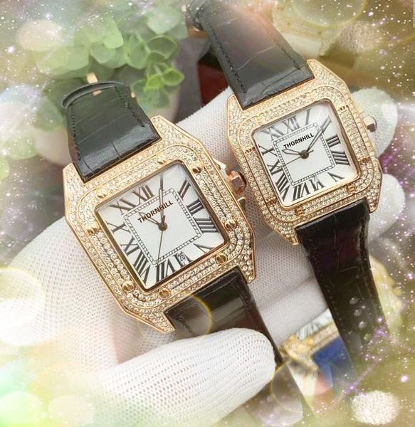 Cadran romain carré de luxe montres à quartz hommes et femmes couples diamants anneau cas ceinture en cuir véritable super lumineux mode populaire bracelet en or dames montre