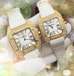 Luxe vierkante Romeinse wijzerplaat horloges mannen en vrouwen ge￯mporteerde kwartsbeweging diamanten ringkoffer echte lederen riem super populaire dames elegante nobele armband horloge