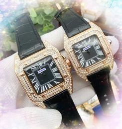 Luxe vierkante Romeinse tank drie pinnen Dial horloges mannen en vrouwen geïmporteerde kwarts beweging diamanten ringkoffer echte lederen riem super fel fel populair armband horloge