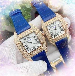 Luxury Square Roman Tank Three Pins Dial Watchs Men Women Japan Quartz Movimiento Diamantes Anillo de oro Rose Case de plata de cuero genuino Regalos de reloj buenos