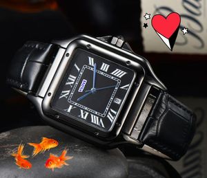 Luxe vierkante tank Romeinse Botton Twire tekening echnologie horloge quartz uurwerk heren tijd dag bruin zwart lederen band automatische datum vrije tijd polshorloge geschenken