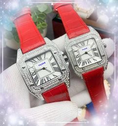Luxe squre Romeinse tank wijzerplaat Men Women Red Blue Lederen Klok Dag Dag date Quartz Beweging Diamanten Ring Good Nice Looking Bracelet Watches cadeaus