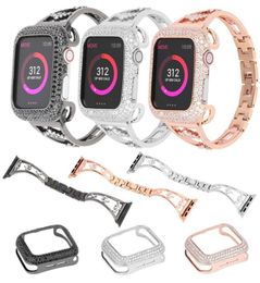 Bracelet de luxe en acier inoxydable, boîtier en Zircon scintillant pour Apple watch série 7 6 5 4 3 SE, Bracelet en diamant Cover8410981