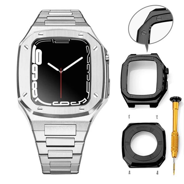 Correa de acero inoxidable de lujo con estuche para Apple Watch 8 Band Fashion Golden Modification 45mm 44mm 41mm Metal Mod Kit Set para IWatch Series 7 6 SE 5 4 3 2 1