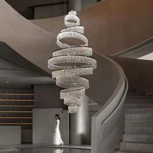 Chandelier LED de cristal d'escalier de luxe pour le salon hall grand anneau moderne Cristal Éclairage suspendu chromé