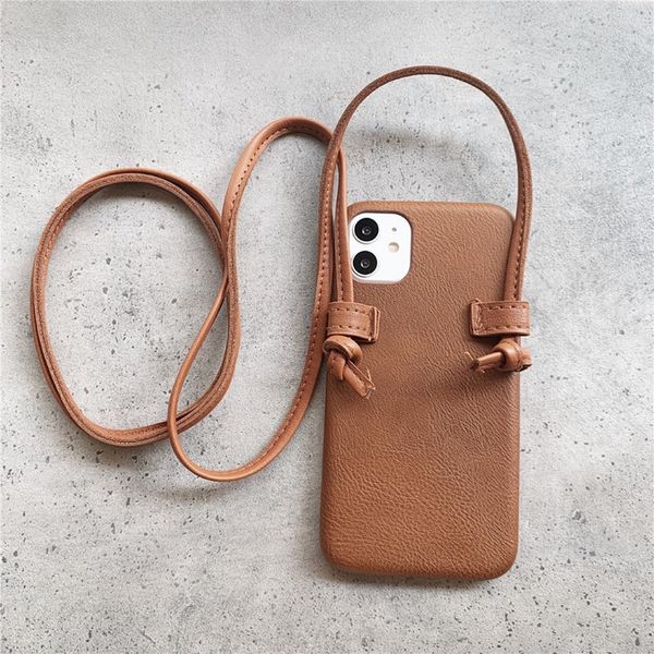 Étuis de téléphone en cuir PU avec sangles de luxe pour iPhone 12 Mini 11 Pro X XR XS Max 7 8 Plus, design simple, housse de protection antichoc, étui de sac à main portable pour femmes