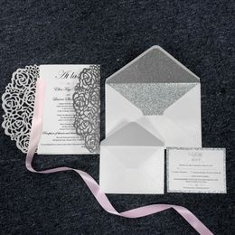 Luxury Suit Gratis verzending zilveren glitter uitnodigingen kaarten met linten, enveloppen, RSVP-kaarten, kleine envelop kit / pas aan als uw verzoek
