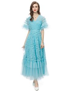 Robes longues d'été de luxe pour femmes, haute qualité, mode fête, Sexy, bleu, rouge, maille, gâteau, doux, magnifique, Chic, plage, vacances