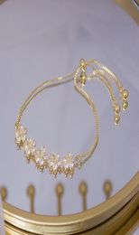 Luxe Super Shine AAA Zirkoon Flower Bracelet voor vrouwen schattige romantische 14K echt goud CZ Lady Bresselet Daily String Pulseras9819483