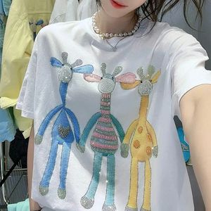 Luxe Sweet Girl Girafe Diamants Cristaux T-shirts Mode Coréenne Dames Hauts Haute Qualité Coton À Manches Courtes D'été Tee 240325