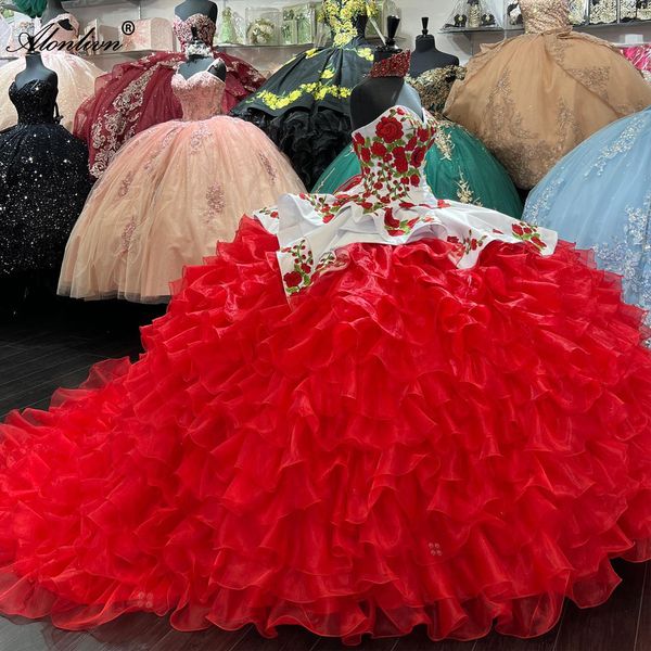 Robe de bal de luxe chérie Quinceanera robes hors épaule appliques en cascade jupes à volants bal soirée fête Pageant robes d'anniversaire robe
