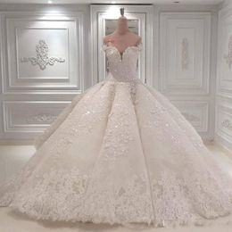 Luxe chérie cou robes de mariée dentelle Appliques robe de bal balayage Train robes de mariée Vestido de Novia BC0388