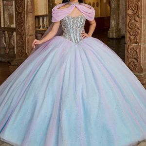 Luxe chérie bleu ciel Quinceanera robe robe de soirée princesse perles cristal hors de l'épaule Tull pour 16 ans vestidos de 15