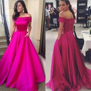 Taffeta de luxe Fuchsia hors de l'épaule Robes de bal avec poche élégante robe de bal de bal à balayage zipper arrière cocktail formel d9117277