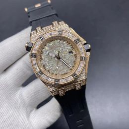Luxe ros￩gouden mode herenhorloge multifunctionele automatische beweging kijk 42 mm rubberen band ijs uit volledige diamant aangepaste producten kerstcadeau vrouwen