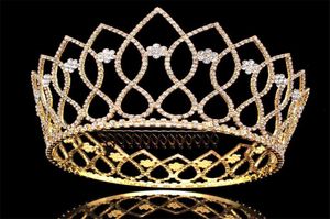 Luxe Tall Crown enorme volle tiara ronde kopstuk bruiloft kristal strass sieraden bruids hoofdtooi bloemen bloemen haar kam haar5062623