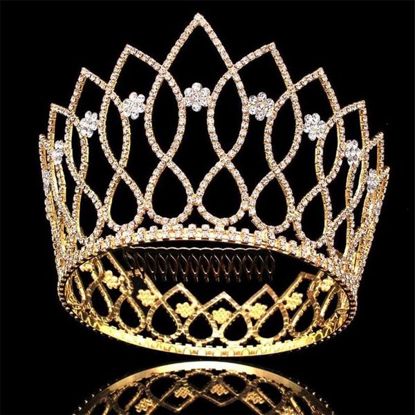 Luxury Tall Crown enorme Tiara Full Tiara Redondea de boda Joya de diez rianas Joyas para nupcos Flores Flores Flores Campo284s