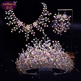 Luxe Tiara Ketting Oorbellen Set Koningin Barok Crystal Bridal Hoofddeksels Kroon Strass met bruiloft Sieraden Haaraccessoires Diamond Bridal Crowns Headpieces