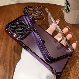 Luxe Titane Couleur Placage Brillant Clair Protecteur De Verre D'objectif De Caméra Complet Étuis TPU Souples Transparents Antichoc Pour iPhone 15 14 13 12 11 Pro Max XR XS 8 7 Plus