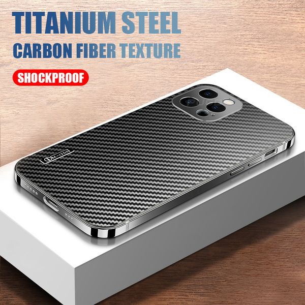 Étuis en Fiber de carbone pour pare-chocs en métal titane de luxe pour iPhone 12 13 Pro Max couverture de Protection d'objectif antichoc Ultra mince