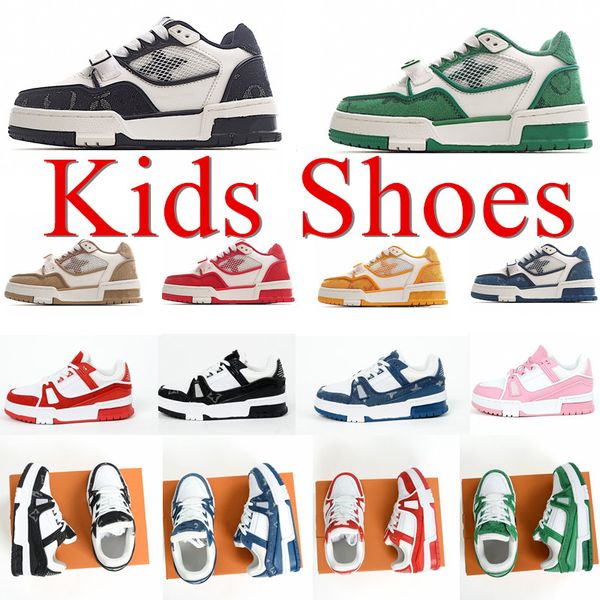 Baskets de luxe Virgil pour enfants, chaussures de créateurs pour garçons et filles, baskets décontractées en cuir pour jeunes, semelle à lacets, semelle jaune, noir, vert, velours