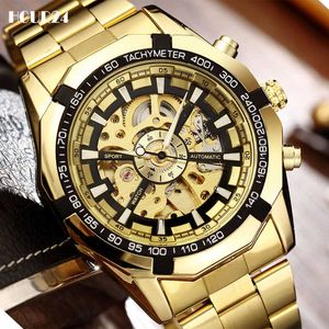 Lujo Top Brand Golden Silver Skeleton Sports Automático Pulsera de acero inoxidable Relojes de pulsera mecánicos chinos Regalo para hombre Nuevo Q0902