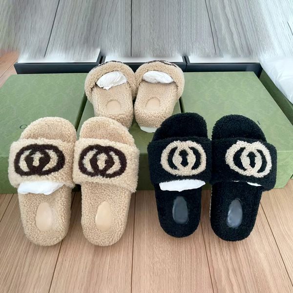 Top qualité broderies pantoufle sandale femmes mocassins homme flou ours en peluche plat 2024nouveau curseurs de luxe shearling designer hiver chaud toboggan flou mule boîte en gros